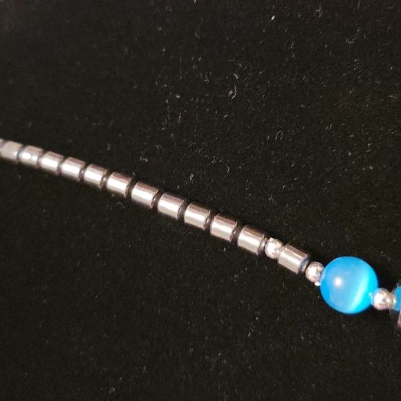 Hematite Black Necklace Blue Plastic Stone Pendant Custom Jewelry - Picture 4 of 7